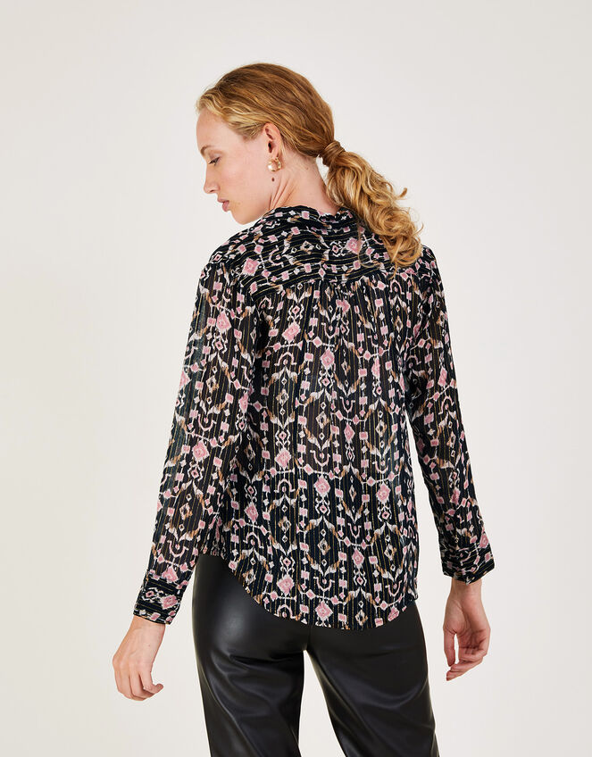 Eliza Metallic Ikat Print Blouse with Sustainable Viscose, Black (BLACK), large