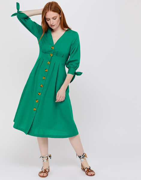 Molly Midi Dress in Linen Blend Green, Green (GREEN), large