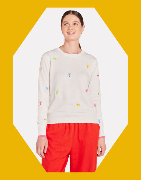 Wispr Lobster Embroidered Crew Neck Jumper, White (WHITE), large