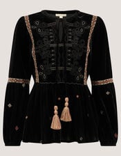 Noni Embroidered Velvet Long Sleeve Top , Black (BLACK), large