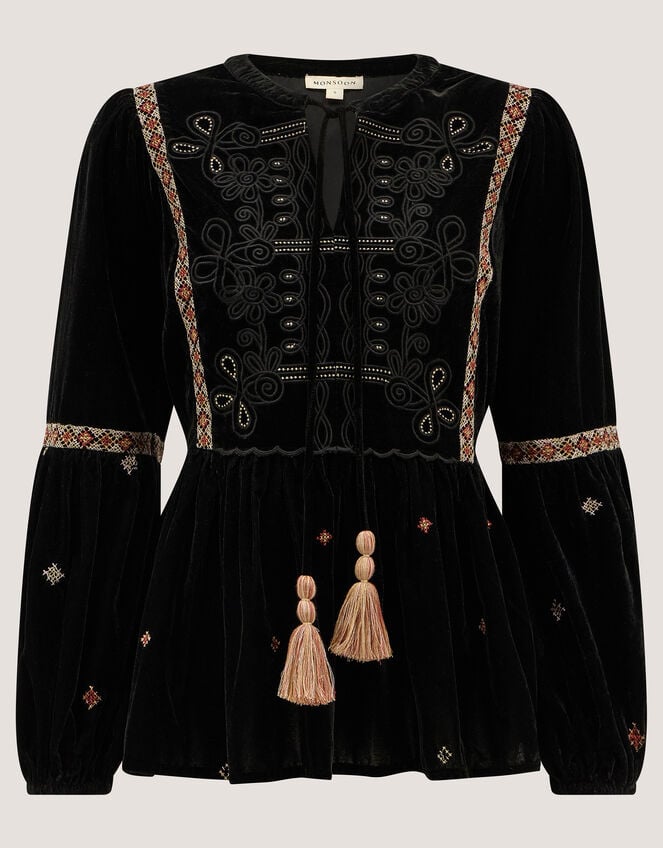 Noni Embroidered Velvet Long Sleeve Top , Black (BLACK), large