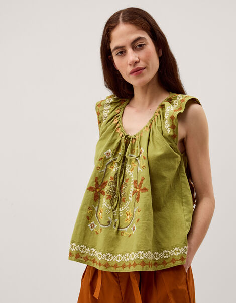 Greta Floral Embroidered Top, Green (GREEN), large