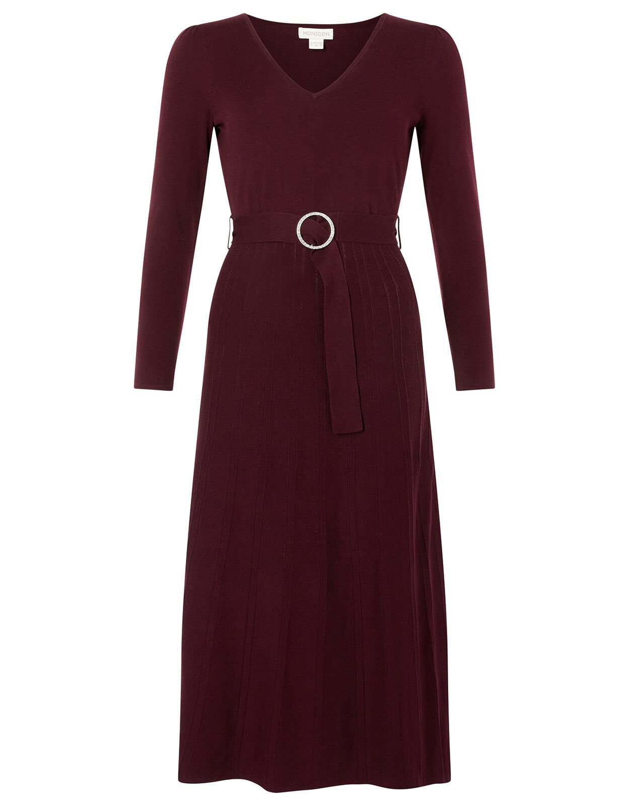 Belted Knit Midi Dress Red