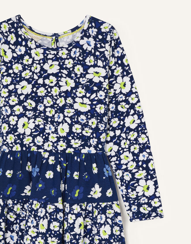 Floral Mix Tiered Jersey Dress, Blue (NAVY), large
