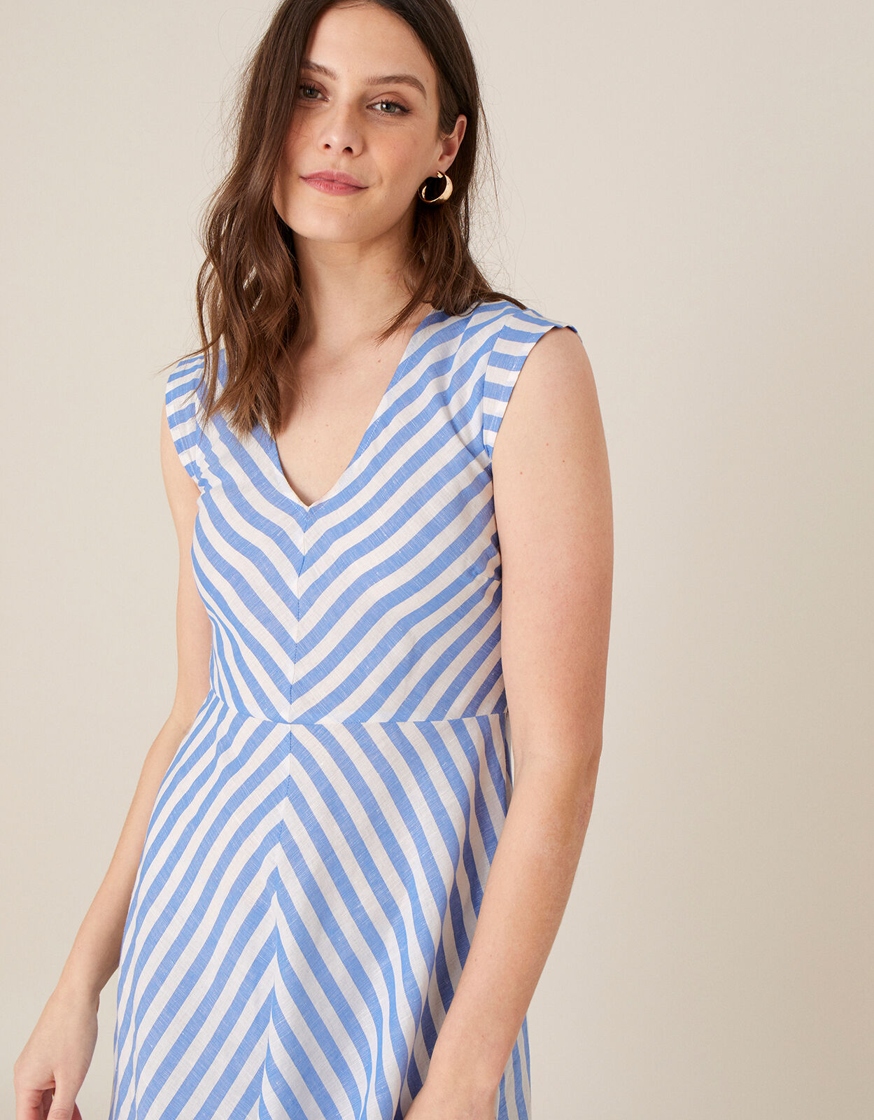 Stripe Midi Dress in Linen Blend Ivory