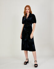 Fleur Feather Print Velvet Midi Dress	, Black (BLACK), large