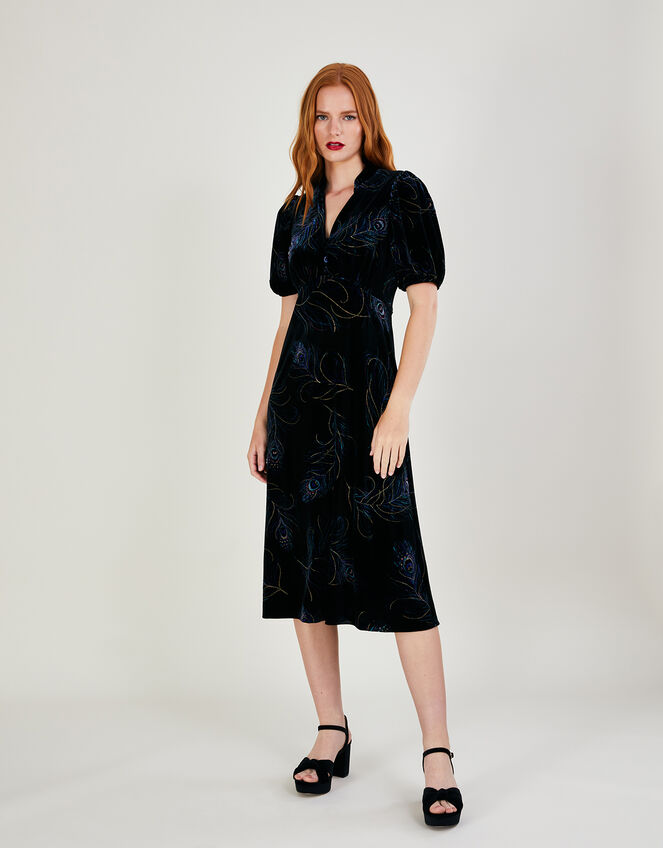 Fleur Feather Print Velvet Midi Dress	, Black (BLACK), large