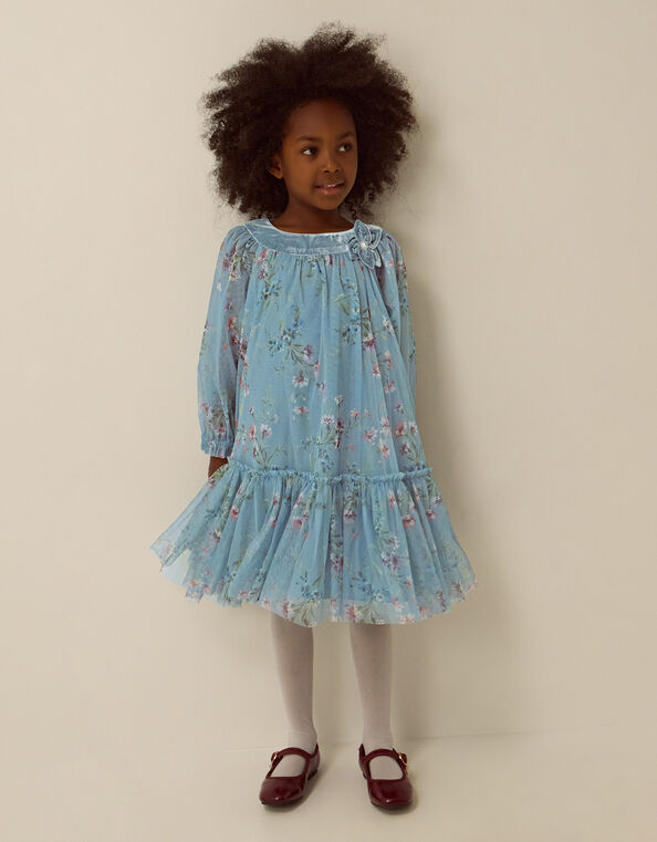 Naina Floral Mesh Party Dress, Teal (TEAL), large