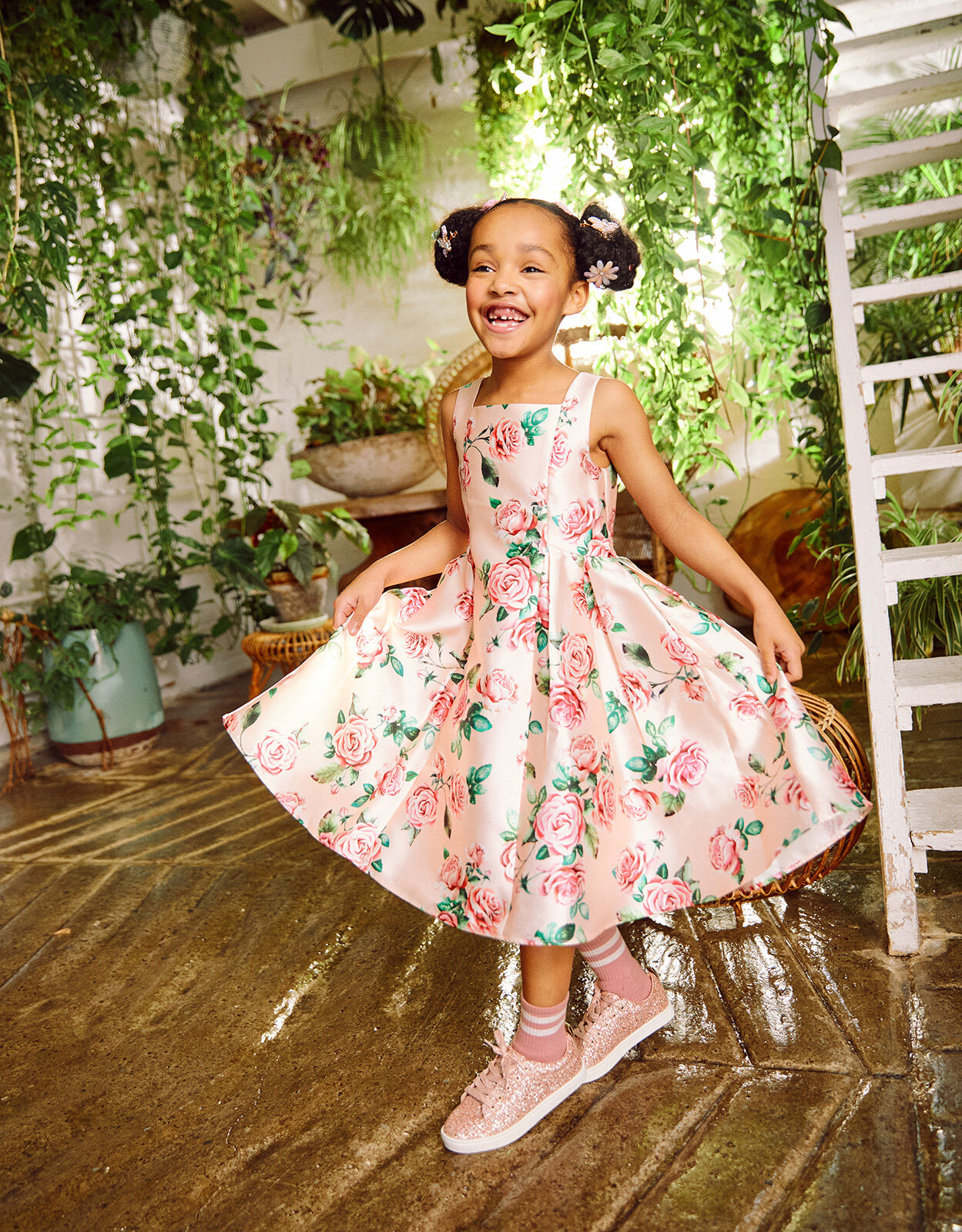 Rose Print Duchess Twill Dress Pink