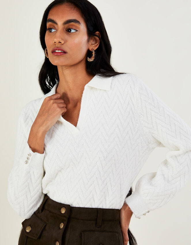 Collar Cable Knit Jumper with Recycled Polyester, Ivory (IVORY), large