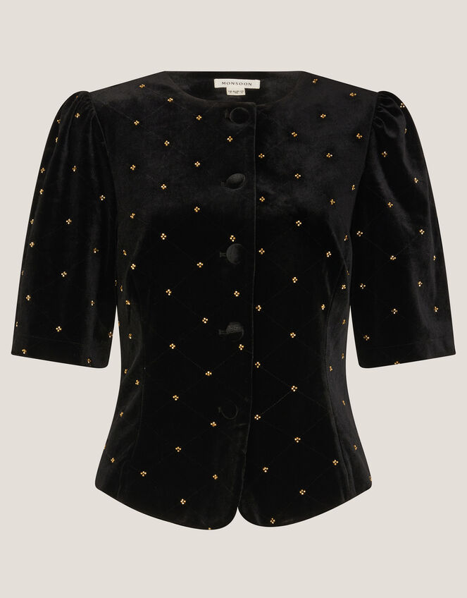 Emma Embellished Velvet Button Top, Black (BLACK), large