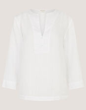 Alexis Knot Button Linen Top, White (WHITE), large