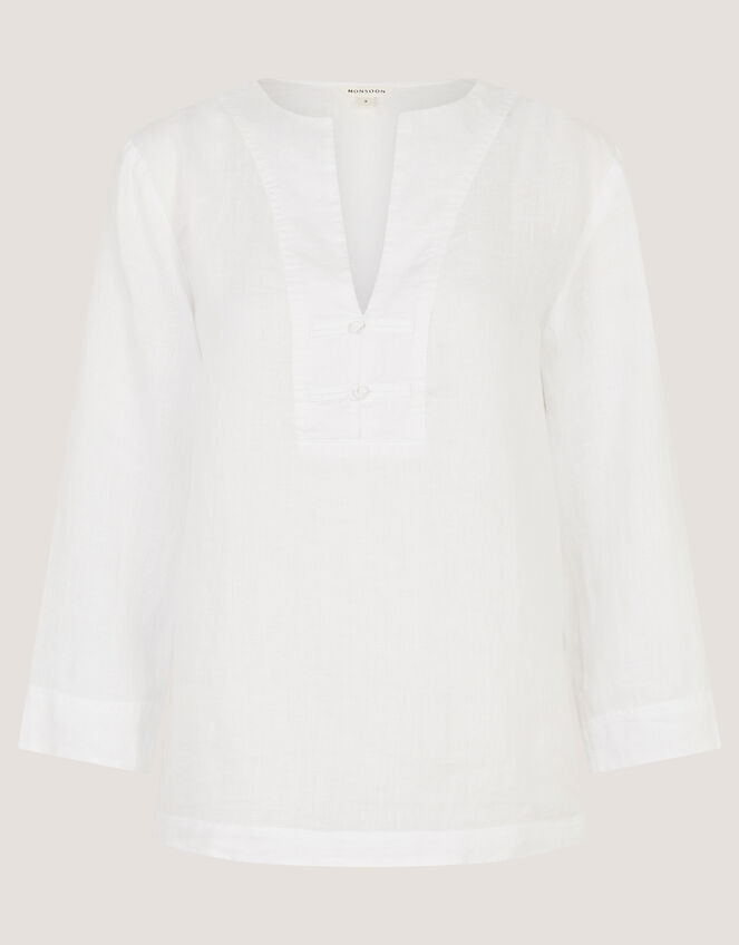 Alexis Knot Button Linen Top, White (WHITE), large
