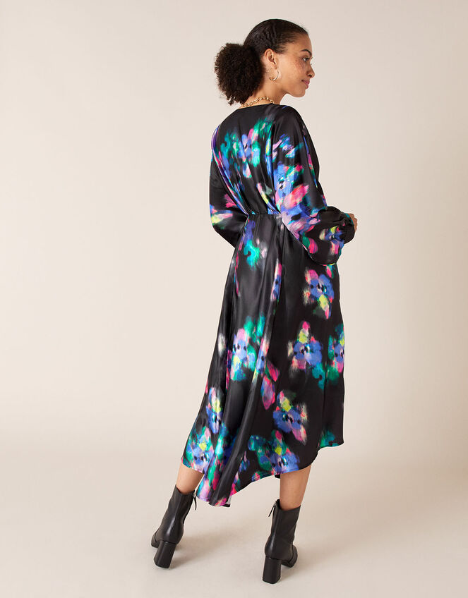 Blur Print Satin Midi Dress, Black (BLACK), large