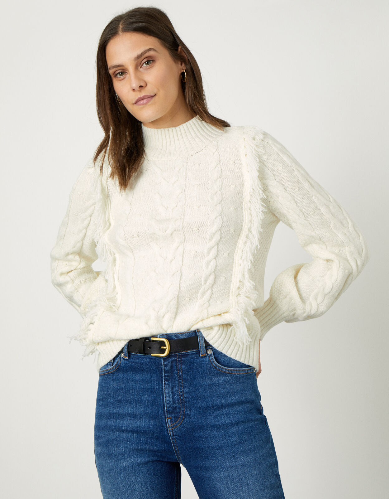 Cable Knit Bobble Fringe Sweater Ivory