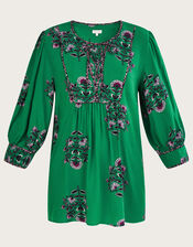 Floral Large Scale ¾ Sleeve Smock Blouse, Green (GREEN), large