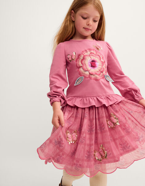 Sequin Butterfly Long Sleeve Top & Disco Skirt Set, Pink (PINK), large