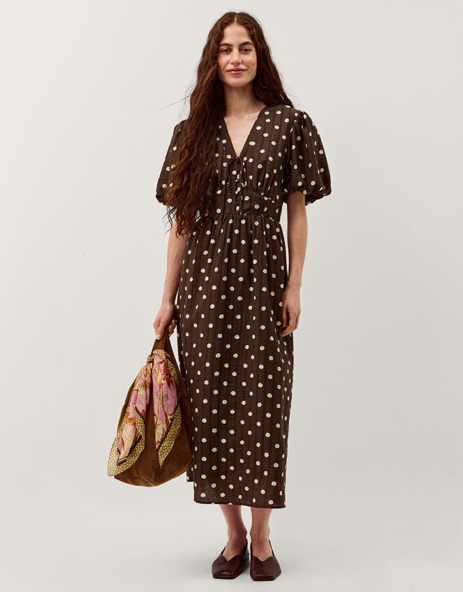 Paris Puff Sleeve Polka Dot Midi Dress, Brown (CHOCOLATE), large