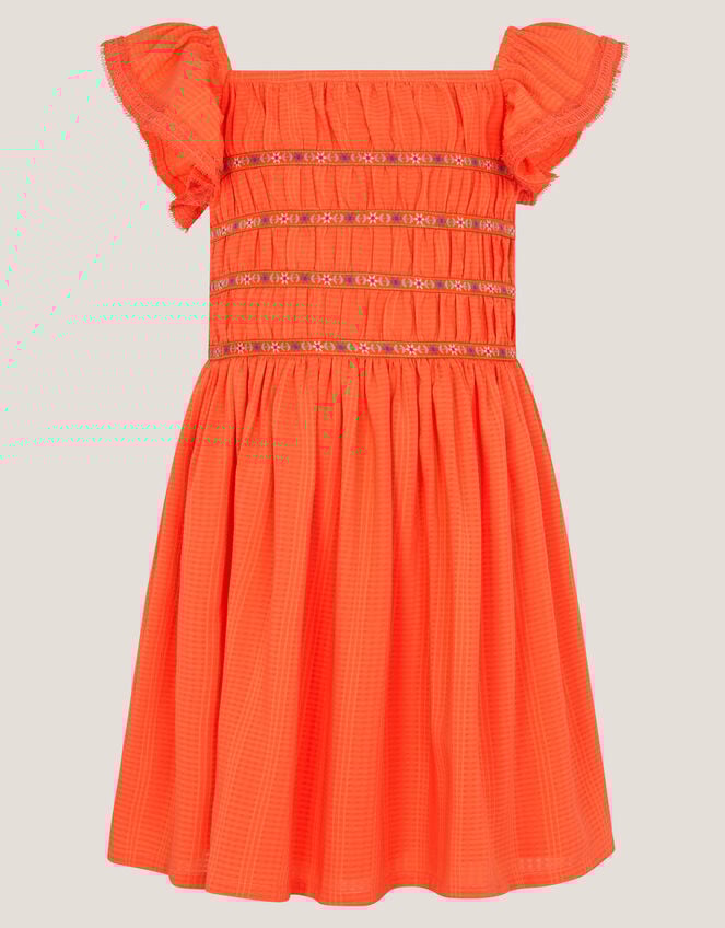 Smocked Square Neck Dress, Orange (ORANGE), large