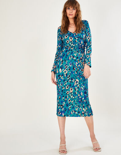 Drape Animal Print Jersey Dress, Blue (BLUE), large