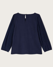 Pleated Sleeve Top with Sustainable Cotton, Blue (NAVY), large