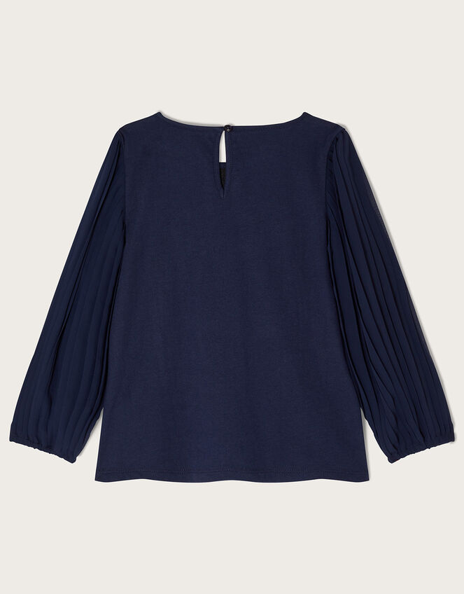 Pleated Sleeve Top with Sustainable Cotton, Blue (NAVY), large