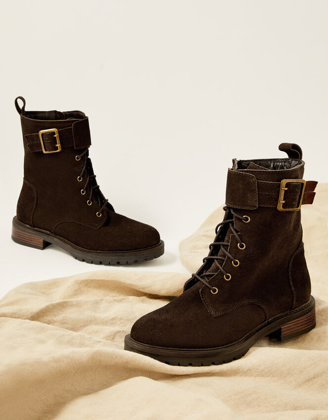 Suzie Suede Buckle Biker Boots, Brown (CHOCOLATE), large