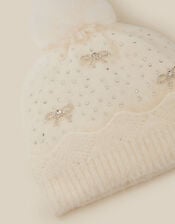 Sparkle Bow Beanie Hat, Ivory (IVORY), large
