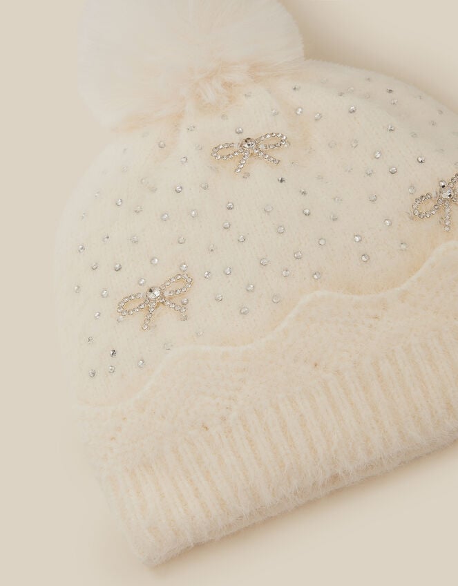 Sparkle Bow Beanie Hat, Ivory (IVORY), large
