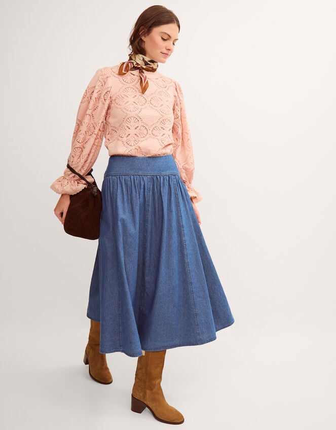 Paloma Denim Midi Skirt, Blue (MID AUTHENTIC BLUE), large