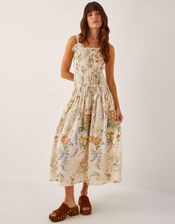 Jesse Floral Shirred Midi Dress, Ivory (IVORY), large