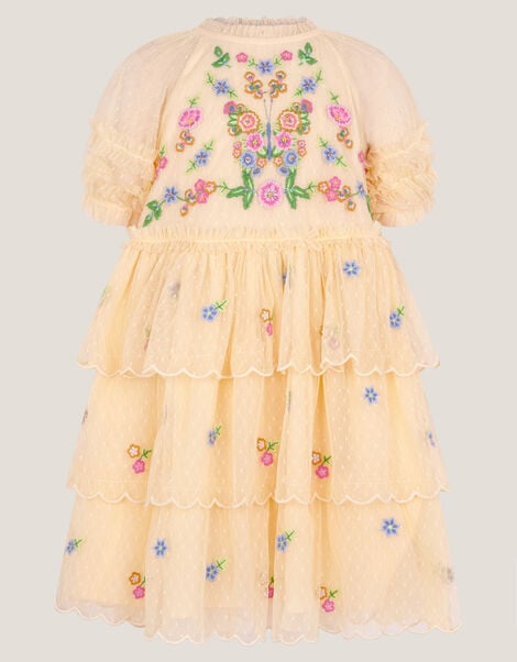 Embroidered Floral Scallop Tiered Dress, Yellow (YELLOW), large