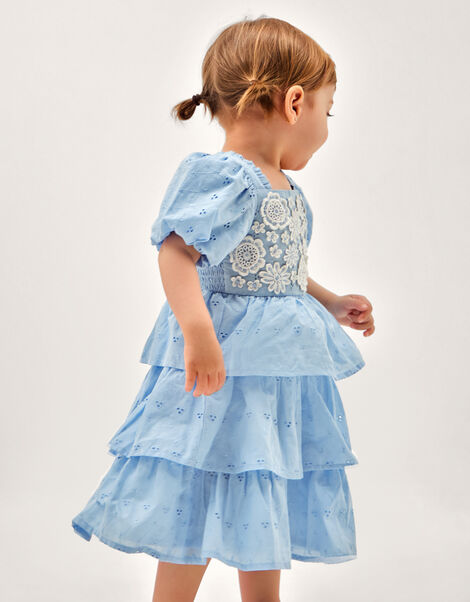 Baby Floral Broderie Puff Sleeve Tiered Dress, Blue (BLUE), large
