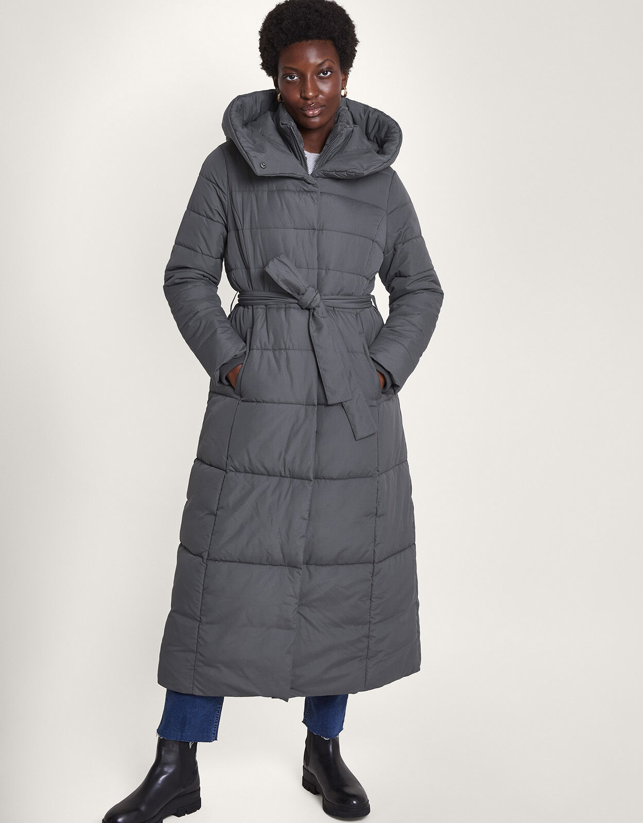 Flossy Funnel Hood Maxi Padded Coat Grey Women s Coats Monsoon