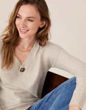 Button V-Neck Longline Jumper, Camel (OATMEAL), large