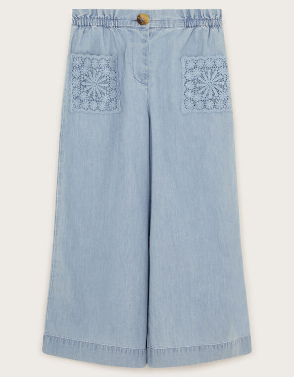 Wide Leg Chambray Pants, Blue (BLUE), large