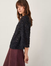 Chrissy Sheer Textured ¾ Sleeve Top, Black (BLACK), large