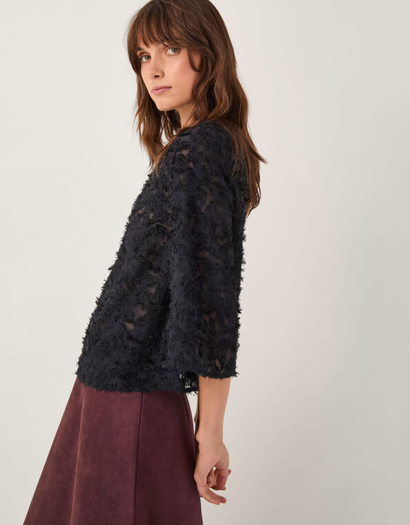 Chrissy Sheer Textured ¾ Sleeve Top, Black (BLACK), large