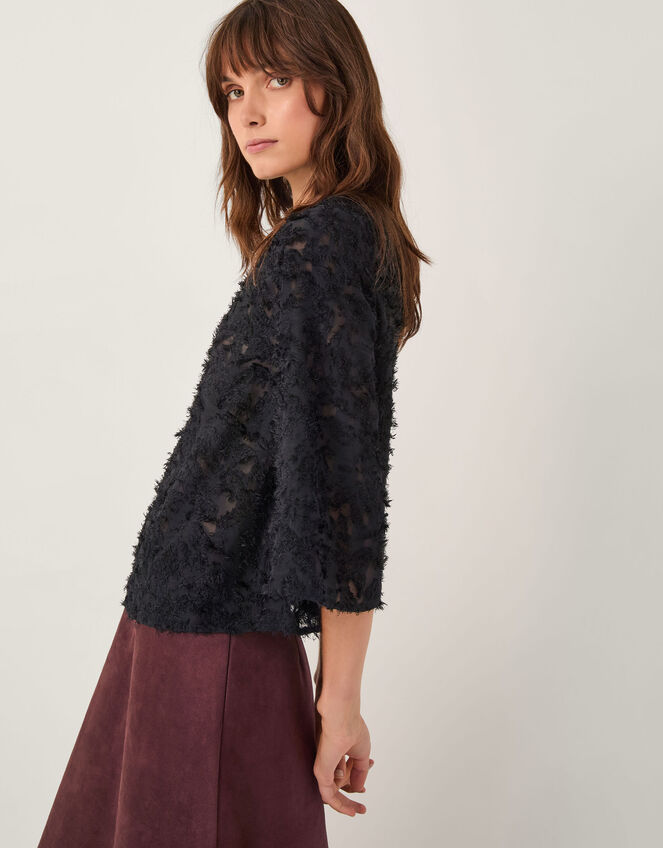 Chrissy Sheer Textured ¾ Sleeve Top, Black (BLACK), large