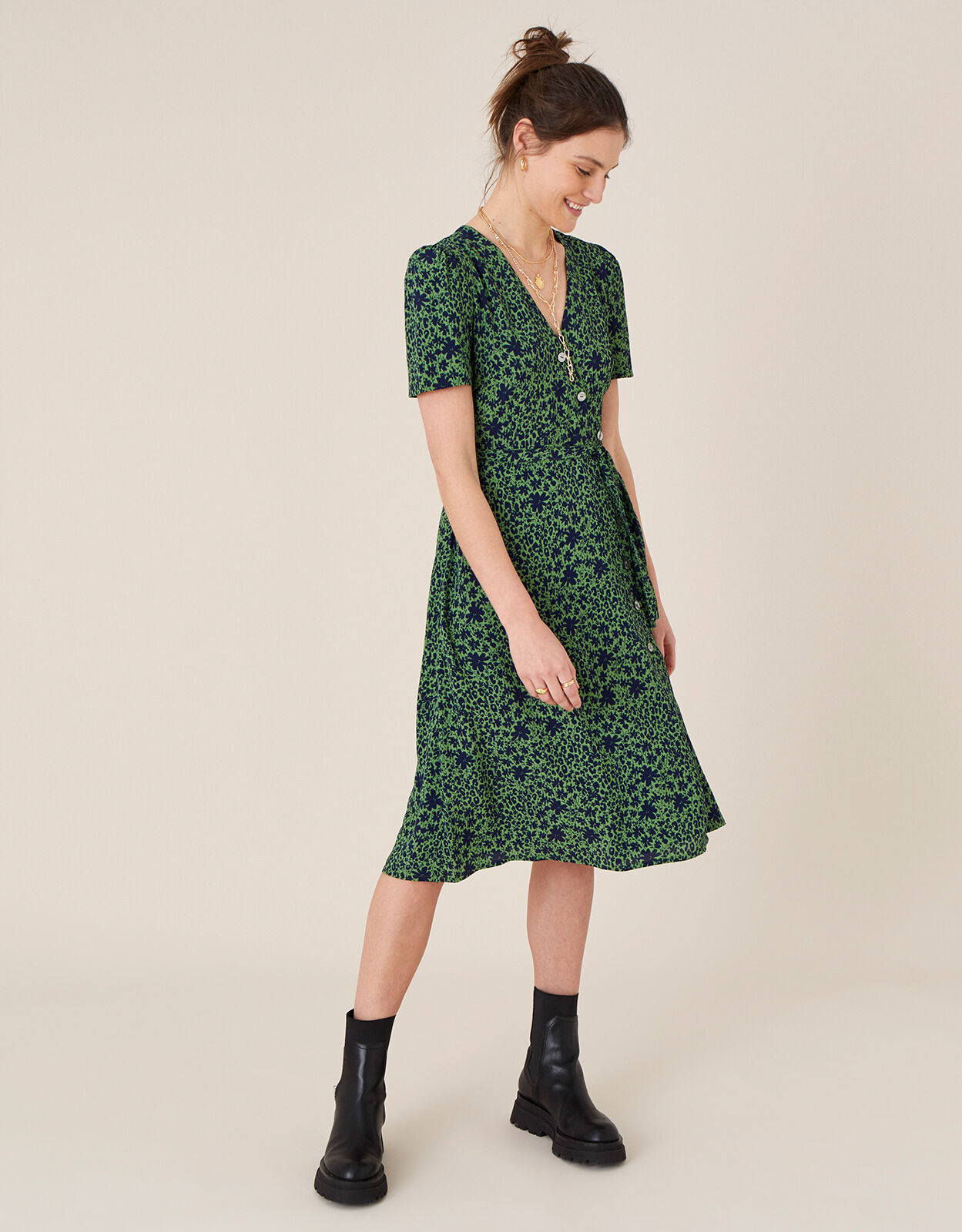 Printed Short Sleeve Wrap Dress Green