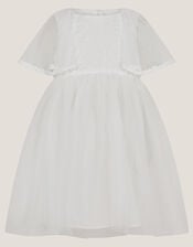 Baby Flutter Sleeve Floral Embroidered Tulle Dress, Ivory (IVORY), large