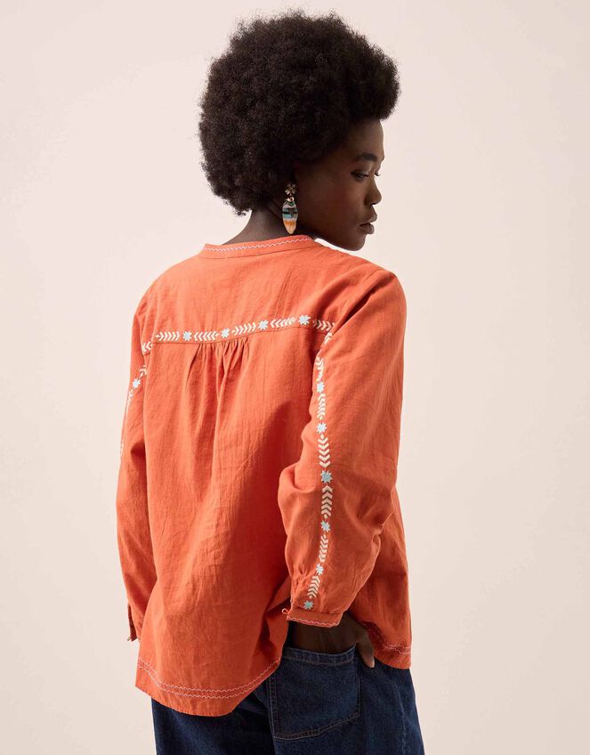 East Enda Embroidered Cotton Blouse, Orange (RUST), large