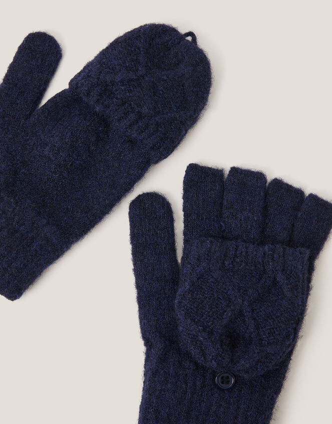 Diamond Fingerless Gloves with Mittens, Blue (NAVY), large