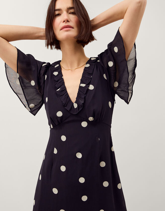 Rowena Polka Dot Ruffle Midi Dress, Blue (NAVY), large