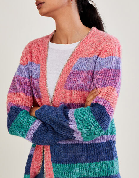 Longline Stripe Cardigan with Recycled Polyester Pink, Pink (PINK), large