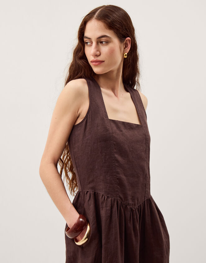 Lily Square Neck Linen Midi Dress, Brown (CHOCOLATE), large