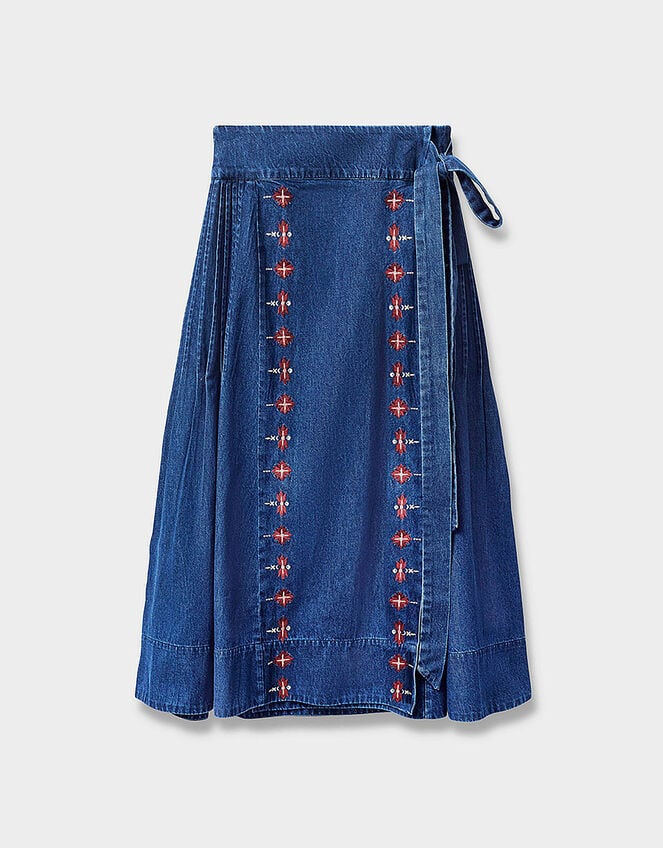 East Marion Denim Wrap Embroidered Skirt, Blue (DENIM), large