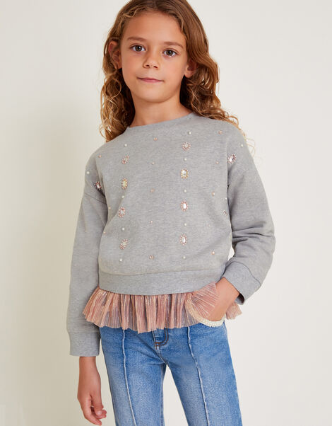 Beaded Tulle Trim Sweatshirt, Grey (GREY), large