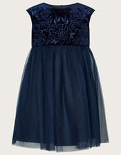 Baby Odette Velvet Embroidered Dress, Blue (NAVY), large