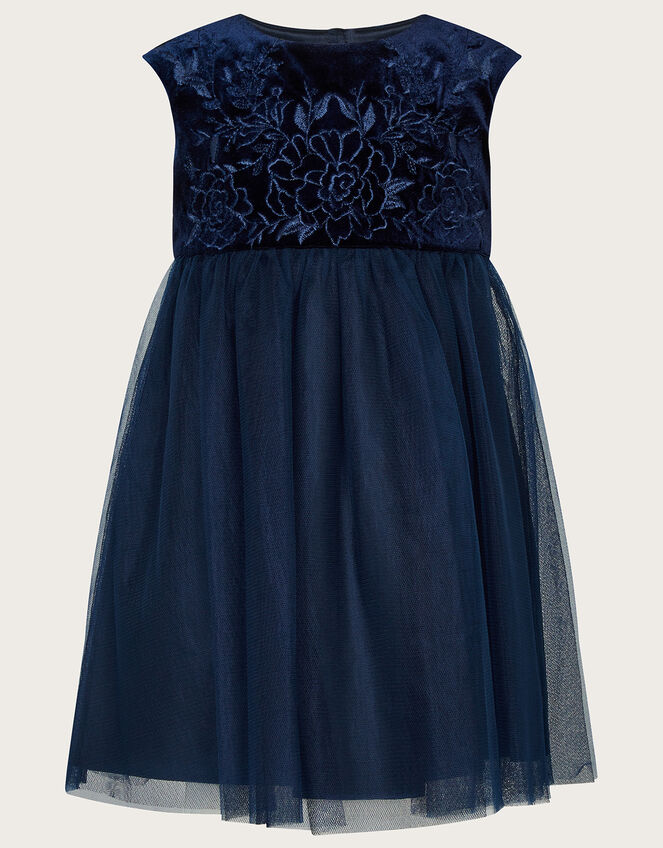 Baby Odette Velvet Embroidered Dress, Blue (NAVY), large